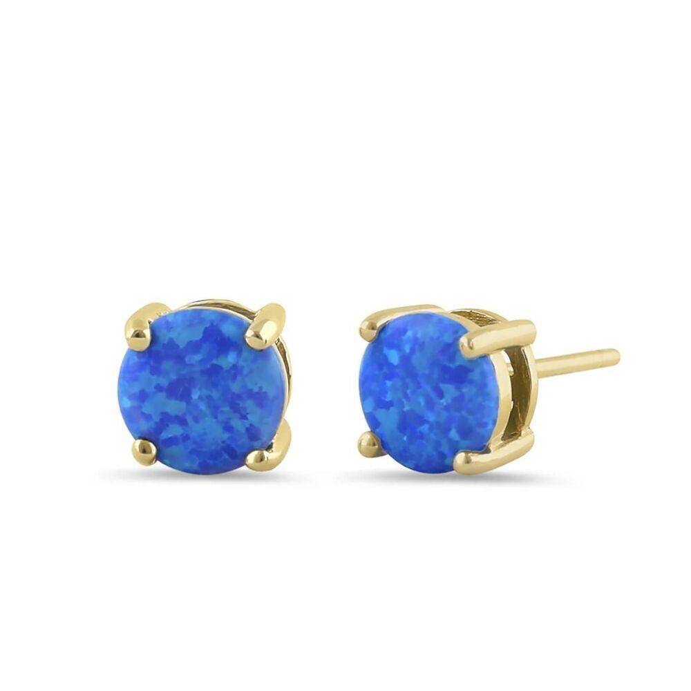 Blue Fire Opal Stud Earrings Gold Vermeil Round Solitaire October Birthstone New